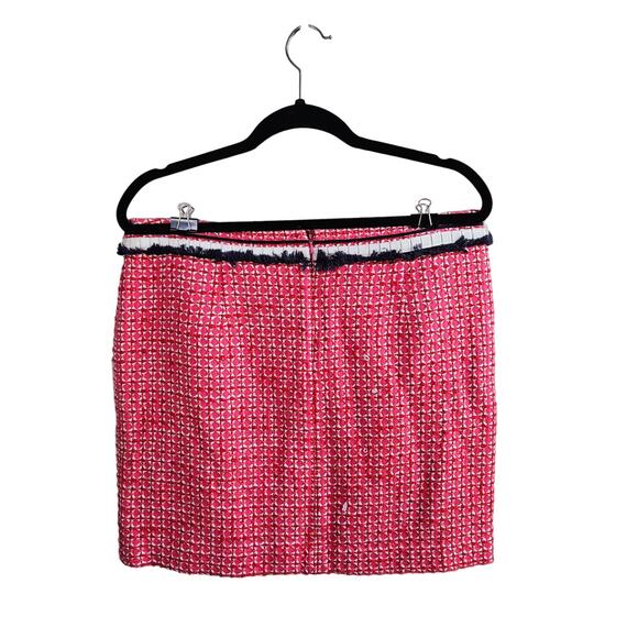Womens Tory Burch Pink White Tweed Skirt Size 12 Navy Blue Fringe Zip Back - Picture 3 of 13